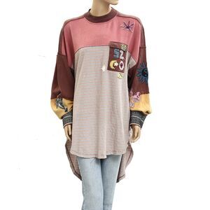 Free People Striped Printed Trible Embroidered Pullover Tunic Top L NWD 281807